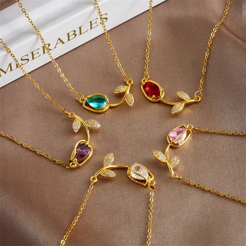 Sweet Colorful Zircon Tulip Pendant Necklaces for Women Girls Stainless Steel Trendy Romantic Jewelry Accessories Gifts