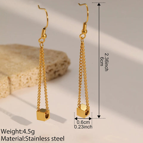 Stainless Steel Earrings Geometric Square Pendant Long Tassel Chain Korean Fashion Simplicity Dangle Earrings For Women Jewelry