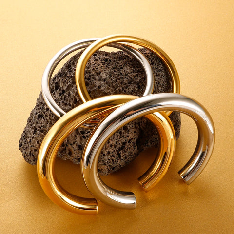 Stainless Steel Gold Color Thick Tube Open Bangle For Women Girl Hiphop Cuff Bracelet Jewelry