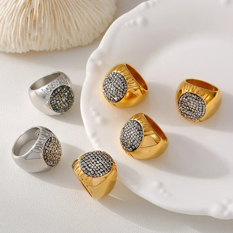 Luxury Shiny Rhinestones Beautiful Rings for Women Gold Plated Waterproof Stainless Steel Ring Exaggerate Finger Jewelry Gift