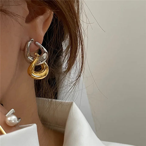 Vintage Two Tone Metal Stainless Steel Drop Earrings For Women Geometric Irregular Round Earrings Party Jewelry