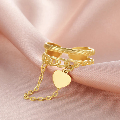 Lemegeton Open Ring for Couple Small Charm Jewelry Stainless Steel Chain Accessories Heart Zircon Beauty Fried Dough Twists New