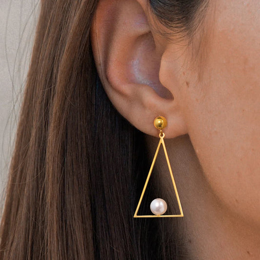 Stainless Steel Earrings Geometric Triangle Dangling Shape Simple White Imitation Pearl Earrings For Women Jewerlry Gifts New in