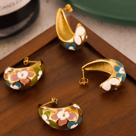 Flower Enamel Crescent Stainless Steel Earrings For Women Gold Silver Color Waterproof Women's Stud Earring Girls Jewelry Gifts