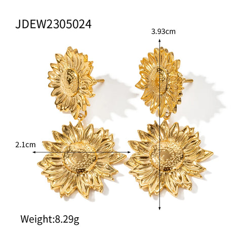 Exaggerated Bohemia Stainless Steel Sunflower Drop Earrings For Women Vintage Flower Waterproof Jewelry Gift