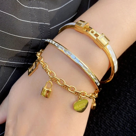 ZALMAN Luxury Brand Classic Design Lock Charm Chain Bracelets Crystals Bangle for Women Gold Color Stainless Steel Letter Bangle