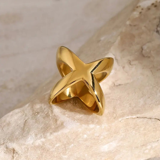 Uworld Stainless Steel Metal Overlap Ring Minimalist Fashion Waterproof Trendy Statement Jewelry 18k Gold Plated Bijoux Women