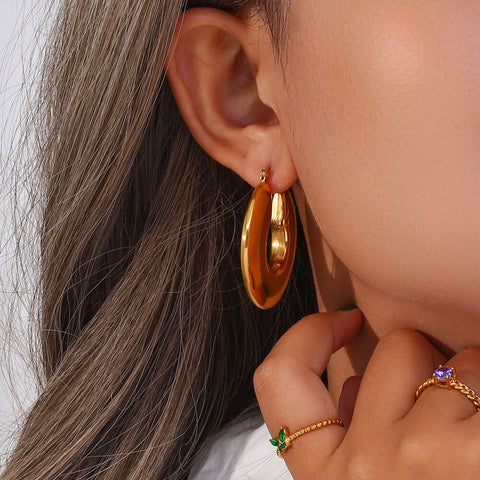 Oversize Statement Fat Hollow Gold Plated Stainless Steel Earrings For Woman Waterproof Tarnish Free Women Female Earring