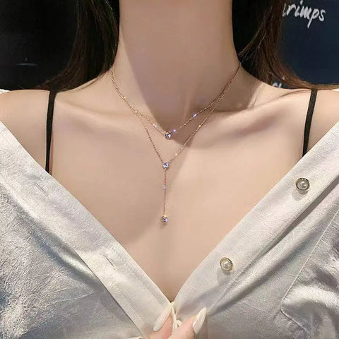 Multilayer Stainless Steel Crystal Pendant Necklace for Women Dainty Layered Necklace Choker Jewelry