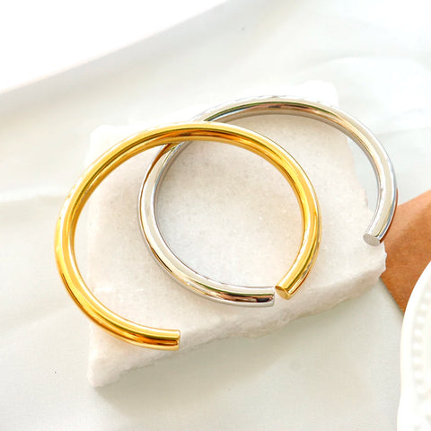 Stainless Steel Gold Color Thick Tube Open Bangle For Women Girl Hiphop Cuff Bracelet Jewelry