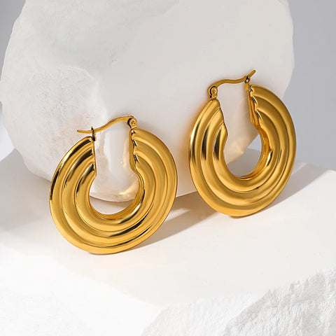 Golden Round Statement  Earrings For Women Elegant Stainless Steel Hoop Earrings Waterproof Jewelry Teen Gifts