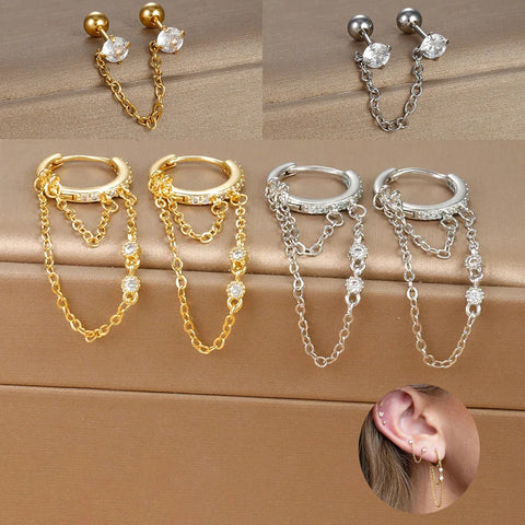 New Arrival Double Chains Long Tassel Drop Earrings For Women Korean Stainless Steel Zircon Hanging Earring Piercing Jewelry