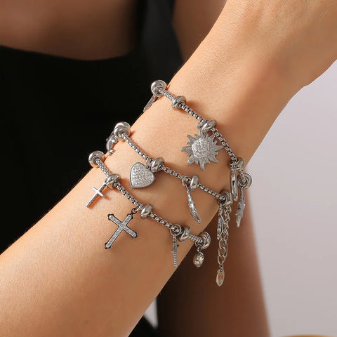 Retro Designer Cross Moon Bangles Trendy Stainless Steel CZ Bracelet For Women Vintage Luxury Jewelry Wholesale