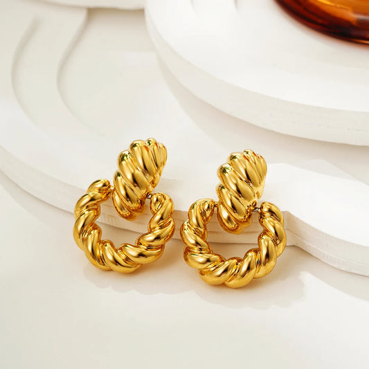 Vintage Thick Twisted Round Circle Dangle Earrings Waterproof Stainless Steel Chubby Dome Glossy Studs Non Tarnish Party Jewelry