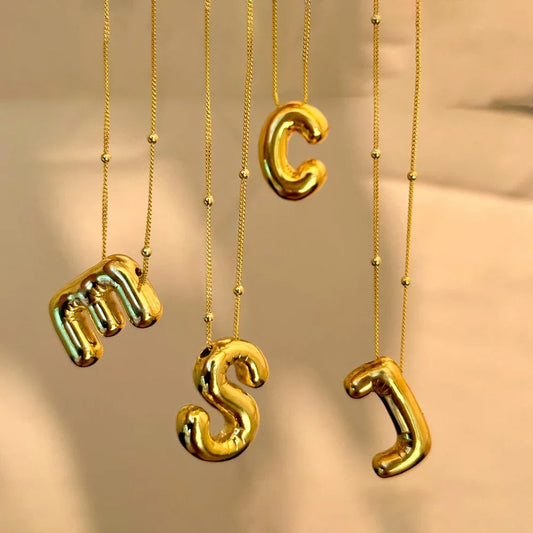 Vintage Stainless Steel Balloon Bubble Chunky Letter Necklace for Women 18K Gold Plated Initial Necklaces Collar Jewelry Gift