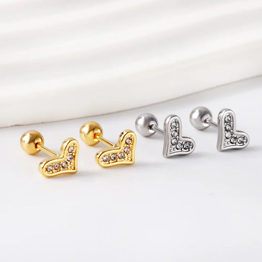 12pairs/Box Love Heart Stud Earrings Luxury Cubic Zirconia Gold Plated Stainless Steel Baby Screw Back Aretes De Mujer Jewelry