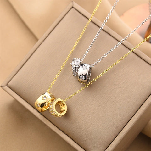 CARLIDANA Stainless Steel Ring Pendant Necklace Luxury Rhombus Ring Crystal Necklace Non Tarnish Gold Color Jewelry for Women