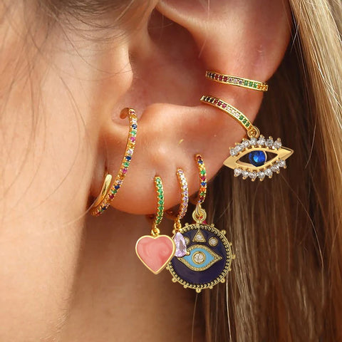 Cute Heart Love Evil Blue Eye Korean Hoop Earrings for Women Gold Color New In Earring Free Shipping Woman's Fashion Jewelry