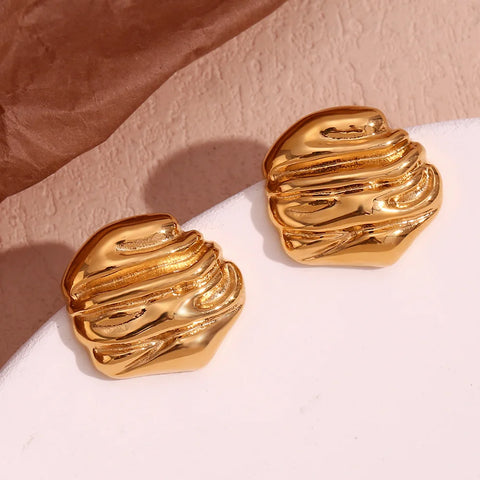 Vintage Stainless Steel Gold Plated Stud Earrings Statement Waterproof Wave Texture Metal Earring France Women Jewelry Gifts