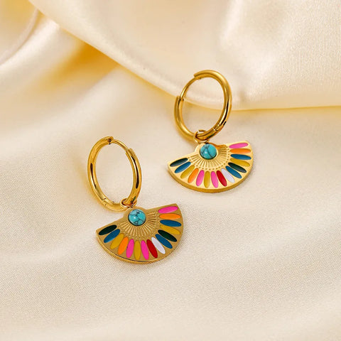 Colorful Enamel Stainless Steel Fan Geometric Bohemian Rainbow Drop Hoop Earrings Women Trendy Fashion Charm Jewelry