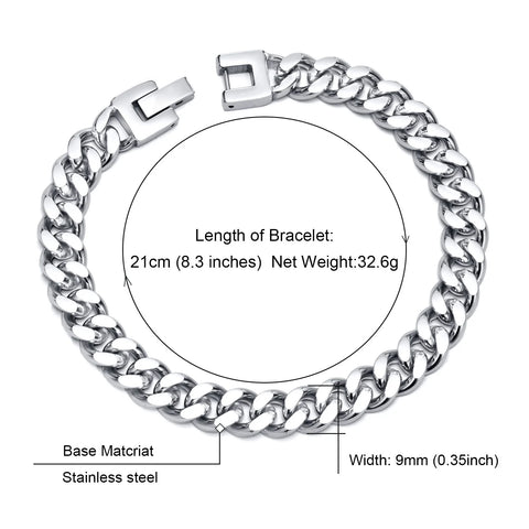 9MM Wide Cuban Chain Bracelets for Men, Waterproof Stainless Steel Links Wristband, pulseira masculina