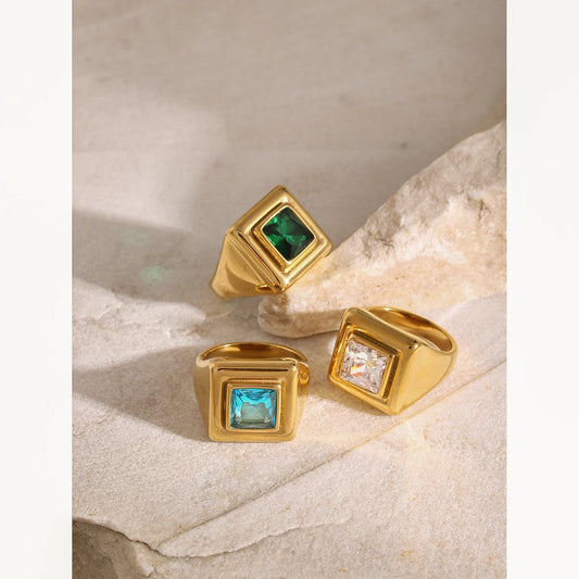 Uworld Colorful Cubic Zirconia Stainless Steel Square Waterproof Ring High Quality Charm Texture Stylish Golden Jewelry Women