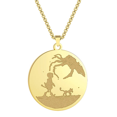 Stainless Steel Coraline Inspired Silhouette Necklace Women Men Engraved Circle Disc Pendant Necklace Geomertic Jewelry Gift