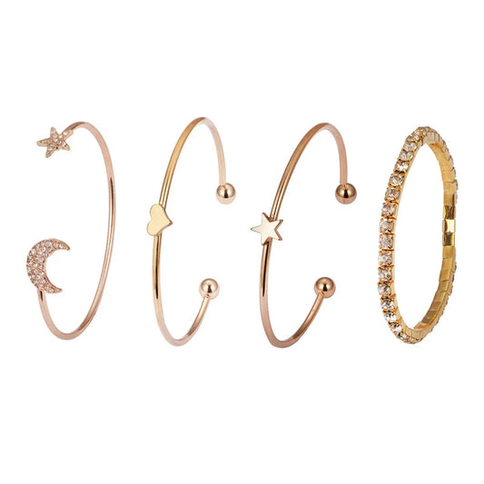 4pcs/Set Vintage Fashion Charm Star Moon Bracelet for Women Personality Gold-plated Stainless Steel Bracelet Punk Jewelry Set