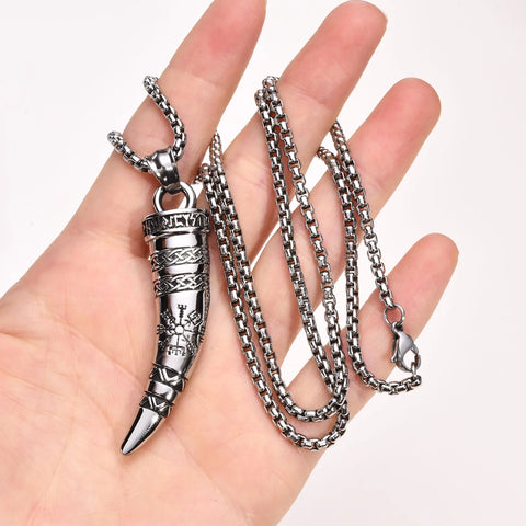 Cool Punk Viking Horn Necklaces for Men, Waterproof Stainless Steel Norse Celtic Knots Compass Pendant Collar, Amulet Gifts