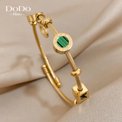 DODOHAO Stainless Steel Luxury Famous Brand Roman Numeral Bangle Bracelet Charm Golden Green Stone Cable Wire Cuff  Bracelets