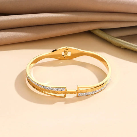 Engraved Roman Numerals Bangle for Women Stainless steel luxury gold plated Inlaid zircon spring buckle open oval bracelet gifts