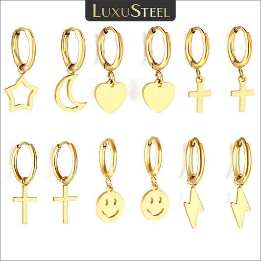 LUXUSTEEL Simple Geometric Charm Hanging Hoop Earrings Women Men Stainless Steel Huggies with Heart Star Moon Cross Pendientes