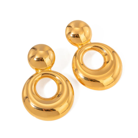 Retro 18k Gold Plated Stainless Steel Metal Texture Double Hollow Earrings for Women Temperament Charm Stylish Golden Jewelry