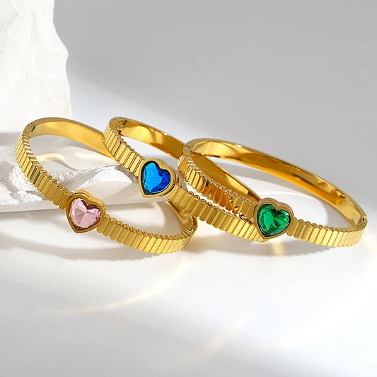 Trendy Luxury Green Zircon Stainless Steel Bangle Bracelets for Women Romantic Love Heart Waterproof Bangles Jewelry Gifts