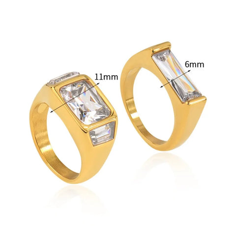 French Romantic Shiny White Square Crystal Zircon Wed Rings Waterproof Stainless Steel CZ Ring 18K Gold Plated  Jewelry Gift New