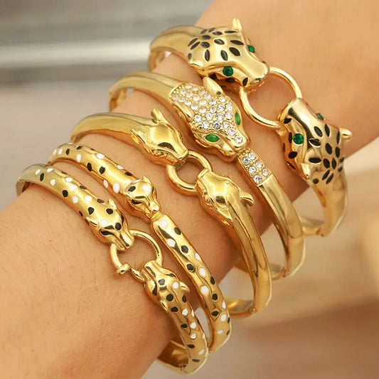 Classic Stainless Steel Crystal Leopard Bangles for Women Vintage Animal Bracelets Rust-proof Wrist Jewelry Gift Party