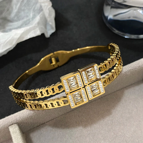 Luxury Square Zircon Stainless Steel Cuff Bracelet Bangle for Women Waterproof Geometric Gold Silver Color Wristband Jewelry