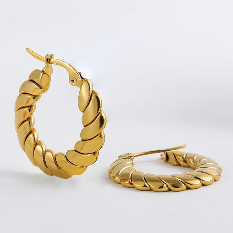 Fashion Gold Plated Stainless Steel Flat Twist Hoop Earrings for Women Creative Textured Circle Earrings Punk Jewelry Gift