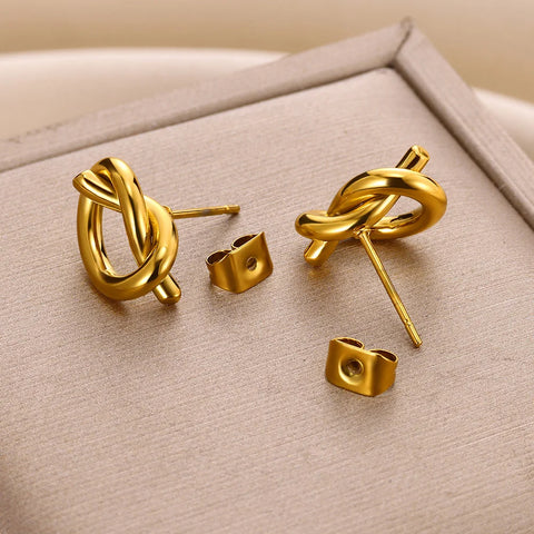 Minimalist Knot Earrings Female Punk Stainless Steel Golden Color Ear Studs Cross Irregular Earrings Waterproof Jewelry Gifts