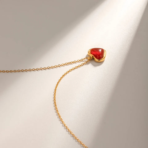 Stainless Steel Red Agate Love Heart Pendant Necklace 18K Gold Plated Water Resistant Hypoallergenic Fine Polished Jewelry