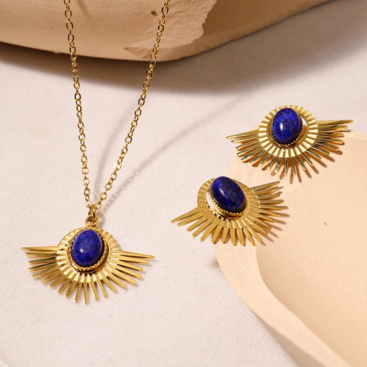 WILD & FREE Stainless Steel Geometric Natural Lapis Lazuli Pendant Necklace for Women Vintage Luxury Gold Plated Jewelry Set