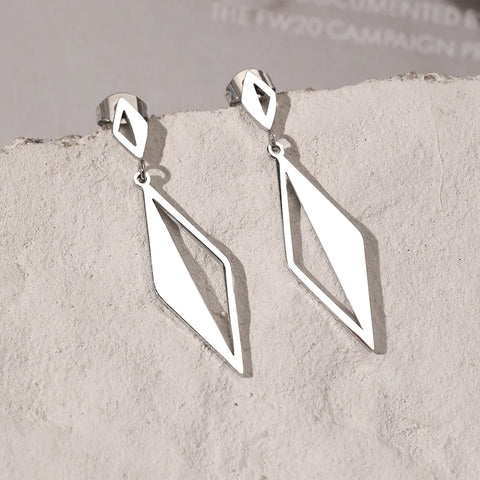 Stainless Steel Earrings Minimalist Geometric Hollow Quadrangle Dangle Design Sense Earrings For Women Jewelry Everyday Wear New