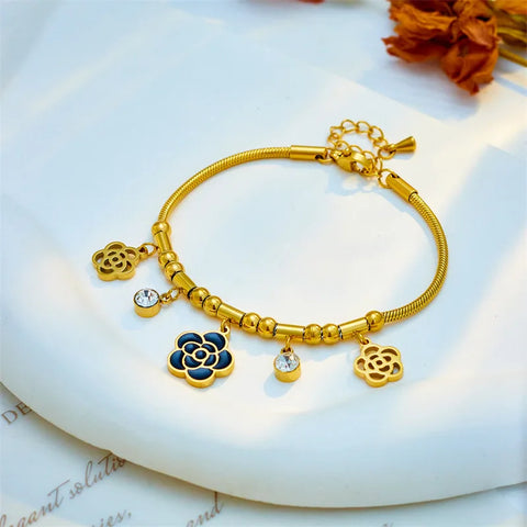 316L Stainless Steel Gold Plated Luxury Temperament Black Camellia Bracelet For Women Winter New Style Flower Jewelry No Fading