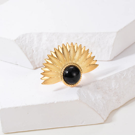 Waterproof Vintage Natural Stone Open Statement Rings for Women Stainless Steel Gold Adjustable Ring Jewelry Trendy Female