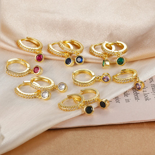 Vintage Stainless Steel Geometry Round Hoops Earrings For Women Simple Multicolor Zircon Pendant Earring Piercing Jewelry Gift