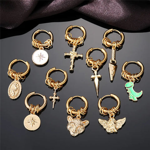 Stainless Steel Cross Angels Leopard Head Hoop Earrings For Men Women Punk Meteor Dinosaurs Snake Endless Circle Earring Jewelry