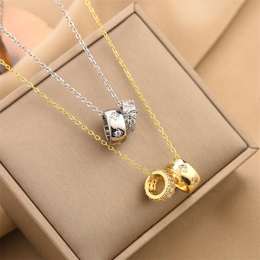 CARLIDANA Stainless Steel Ring Pendant Necklace Luxury Rhombus Ring Crystal Necklace Non Tarnish Gold Color Jewelry for Women