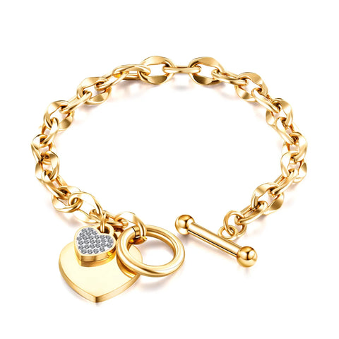 New Fashion Heart-shaped Zircon Bracelet Gold Color OT Clasp Titanium Steel Jewelry Woman Gift Not Fade Drop Shipping