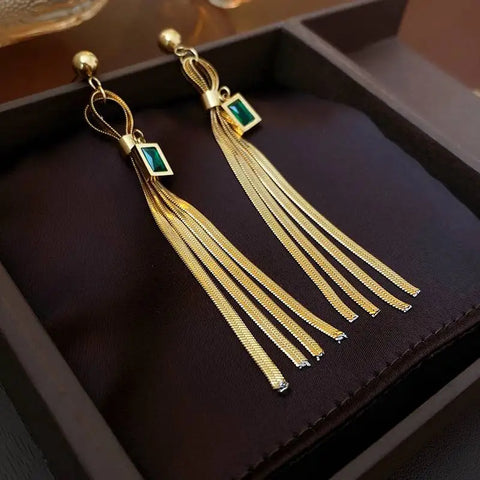 316L Stainless Steel Green Zircon Long Pendant Tassel Drop Earrings For Women Fashion Girls Ear Jewelry Party Gifts