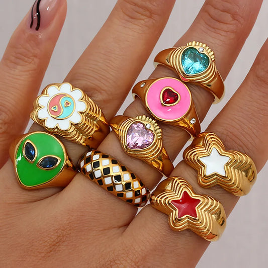 Water Resistant Stainless Steel Ring Flower Yingyang Grid Heart Star Alien Colorful Enamel Stone Rings For Womem Gold Ring